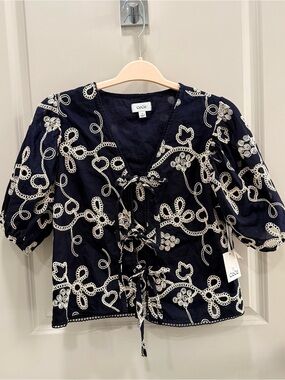 CeCe Navy Lace-Embroidered Tie-Front Puff Sleeve Top